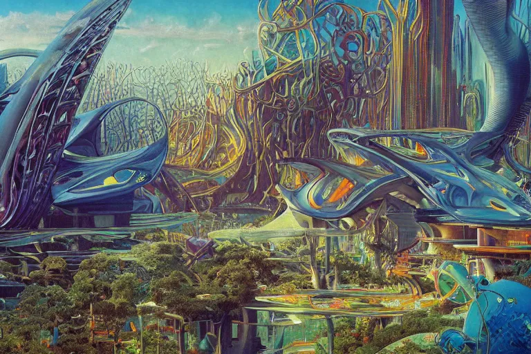 Image similar to oil painting, super - detailed scene of utopian floating zaha hadid city, cyberpunk garden, solarpunk, bioluminescent cyber - garden, japanese sci - fi books art, artwork by jean giraud and zdzislaw beksinski and alphonse mucha and hr giger, hd, 4 k, high quality