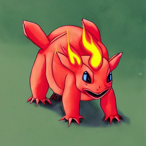 Image similar to a red coloured bulbasaur with fire powers, painting, realistic