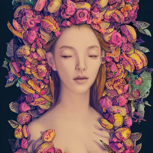 Prompt: the portrait of an absurdly beautiful, graceful, elegant, and wise young woman made of bananas and petals, an ultrafine detailed illustration by kim jung gi, irakli nadar, intricate linework, bright colors, final fantasy, behance contest winner, angular, unreal engine 5 highly rendered, global illumination, radiant light, detailed and intricate environment