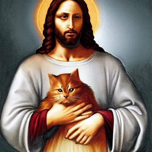 Image similar to portrait of jesus holding a cute cat, digital art, by leonardo da vinci