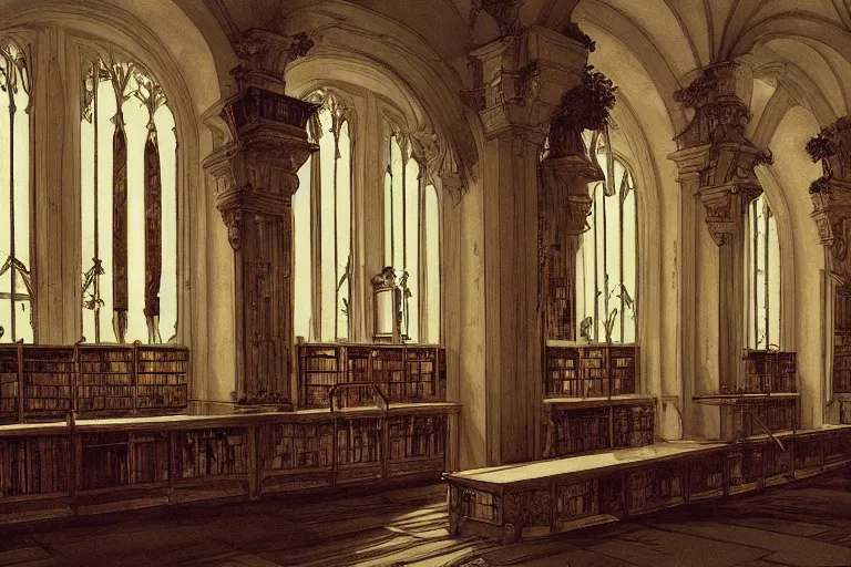 Prompt: ancient library cathedral tall windows by carl spitzweg : 1 0 and rodney matthews : 5, alphonse mucha : 5, trending on artstation.