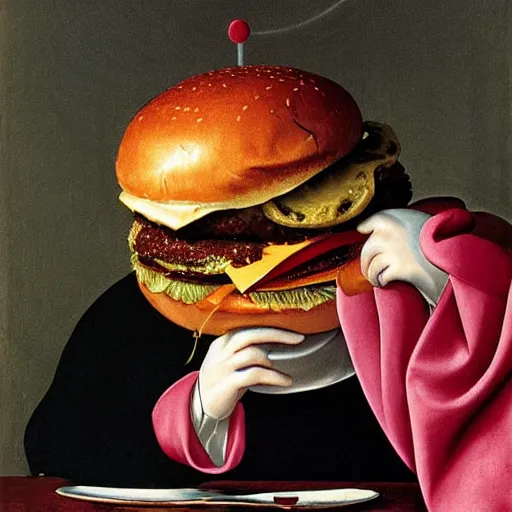 Image similar to The Hamburglar eating burger. Painted by Caravaggio, high detail