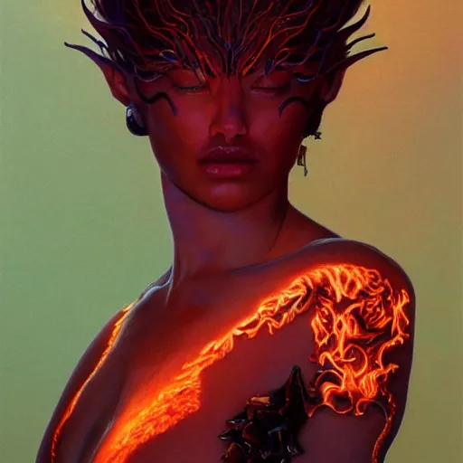 Image similar to A stunning portrait of a goddess, her body made of flames, by Wayne Barlowe, 8K UHD, intricate, fantasy, Trending on artstation.