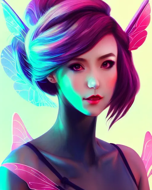 Image similar to 3 / 4 view of a woman with fairy wings, confident pose, pixie character, video game genshin impact, synthwave style, elegant, sharp focus, illustration, highly detailed, artgerm, anime, trending on artstation