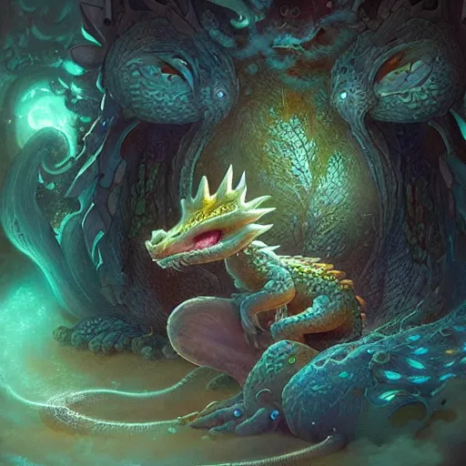 Image similar to a hyperrealistic illustration of a cute and tiny dragon that glows in the dark, dragon baby, glow in the dark, fractal moonlight, little dragon with glowing scales, award - winning, masterpiece, in the style of tom bagshaw, cedric peyravernay, peter mohrbacher