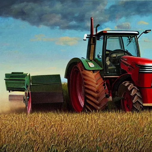 Image similar to hyperrealistic painting image where a tractor appears in the cinematic field