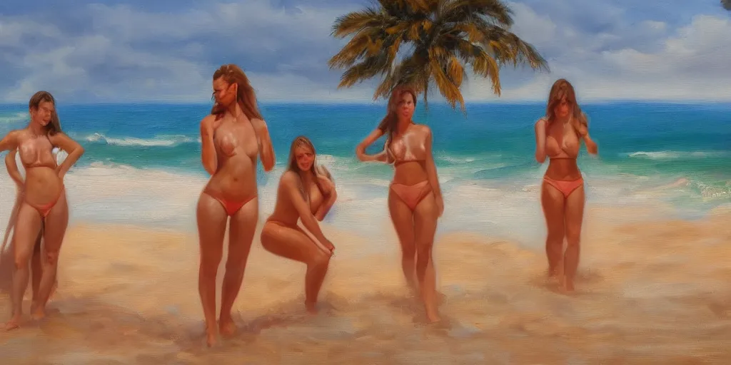 Image similar to hot babes on the beach, cinematic lighting, detailed oil painting, hyperrealistic, 8k