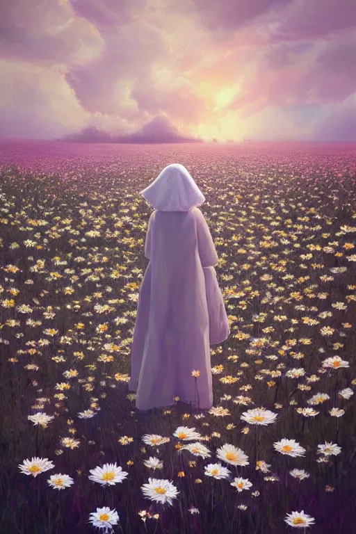 Image similar to giant white daisy flowers as head veil, girl walking in a flower field, surreal photography, sunrise, dramatic light, impressionist painting, colorful clouds, digital painting, artstation, simon stalenhag