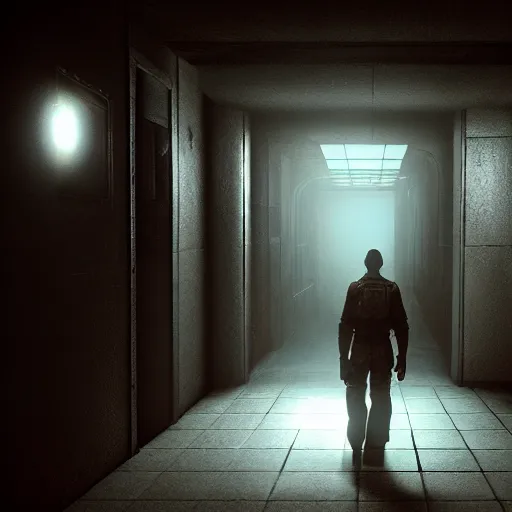 Image similar to joshua graham standing in a dark hallway, resident evil, horror, fallout new vegas, unreal engine, 8 k, ray tracing