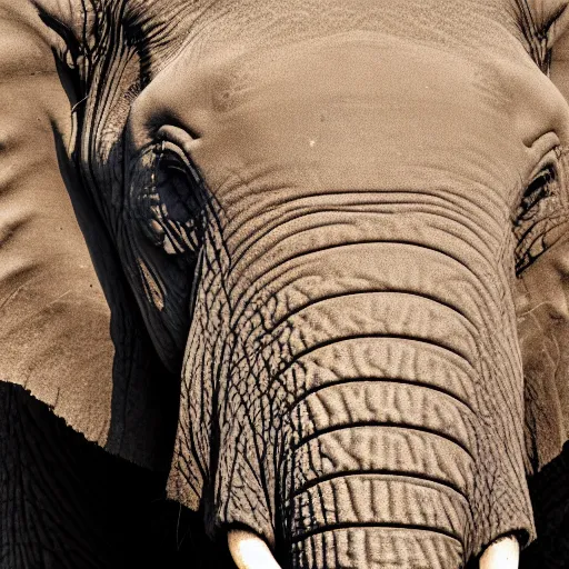 Prompt: a detailed, close - up photograph of an elephant with tiger skin