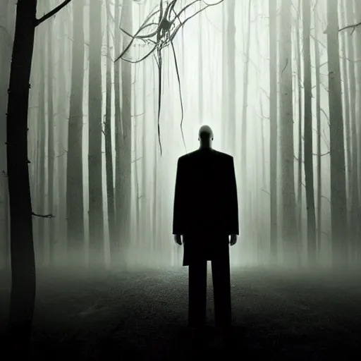 Prompt: a wide shot for movie poster of a tall white alien wearing a black suit with long tentacles in a middle of foggy and creppy place, dramatic lighting, atmosphere fog, god rays, photograph, shot by canon r6, with a text slenderman, with H. P. Lovecraft vibe