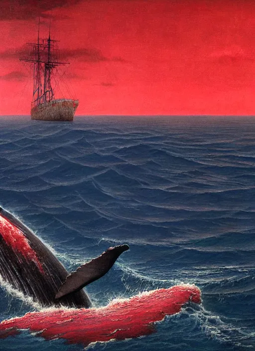 Prompt: a whale bleeding on the ocean near to a ship, 3 d render, hiper detailed, dark art, horror art, digital art, realistic painting, high angle, volumetric light, part by beksinski, part by carl gustav carus with red blood brushstrokes by swanland raymond.