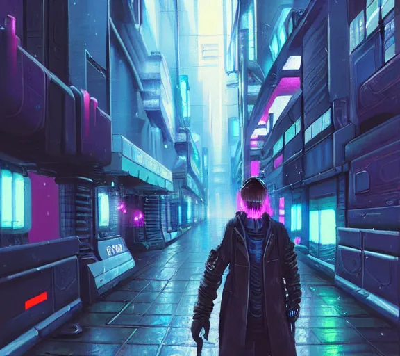 Image similar to a painting of a cyberpunk netrunner, street level