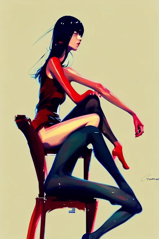 Image similar to a ultradetailed beautiful panting of a stylish woman sitting on a chair, by conrad roset, greg rutkowski and makoto shinkai, trending on artstation