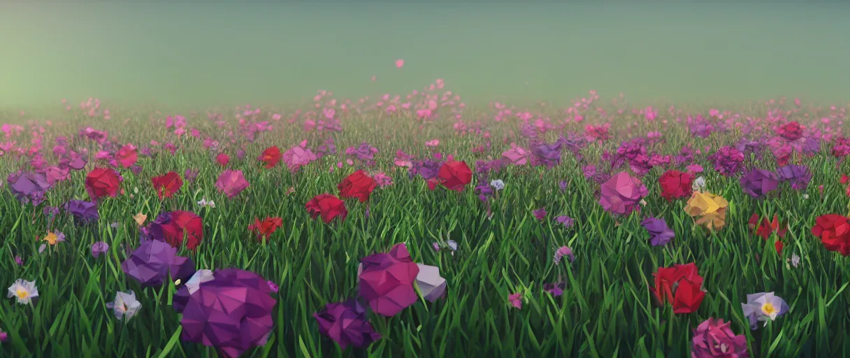 Image similar to 3 d render low poly art, flowers, field of dreams, unreal engine, dreamy, bokeh