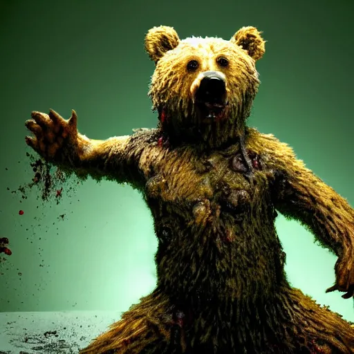 Image similar to a realistic depiction of a zombie bear standing in a green fluid pit, photo pic taken by todd mcfarlane and national geographic