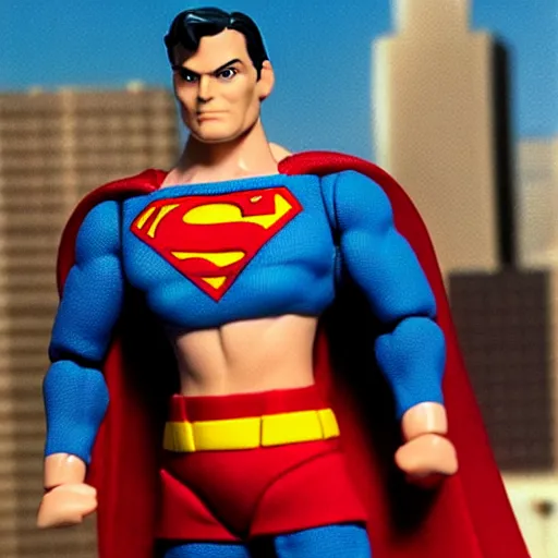 Prompt: toy photography. Superman action figure against a city backdrop heroically posed looking directly at the camera. 1992. Cover of Nintendo Power