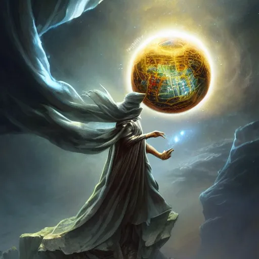 Image similar to the creator of worlds wearing a cloak and holding a holographic planet projection in his hand, detailed, sci - fi, digital painting, artstation, sharp focus, illustration, ominous, artgerm, tomasz alen kopera, peter mohrbacher, donato giancola, joseph christian leyendecker, wlop, frank frazetta