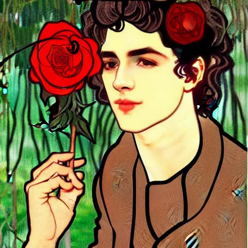 Prompt: painting of young cute handsome beautiful dark medium wavy hair man in his 2 0 s named shadow taehyung wearing a red rose hair crown at the cucumber soup party in the forest, elegant, clear, painting, stylized, delicate, soft facial features, delicate facial features, soft art, art by alphonse mucha, vincent van gogh, egon schiele