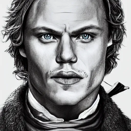 Prompt: Sam Heughan as Jamie Fraser, caricature portrait exaggerated by Sebastian Krüger and Bruno Tesse trending on artstation, hyperdetailed, perfect composition. Scotland background