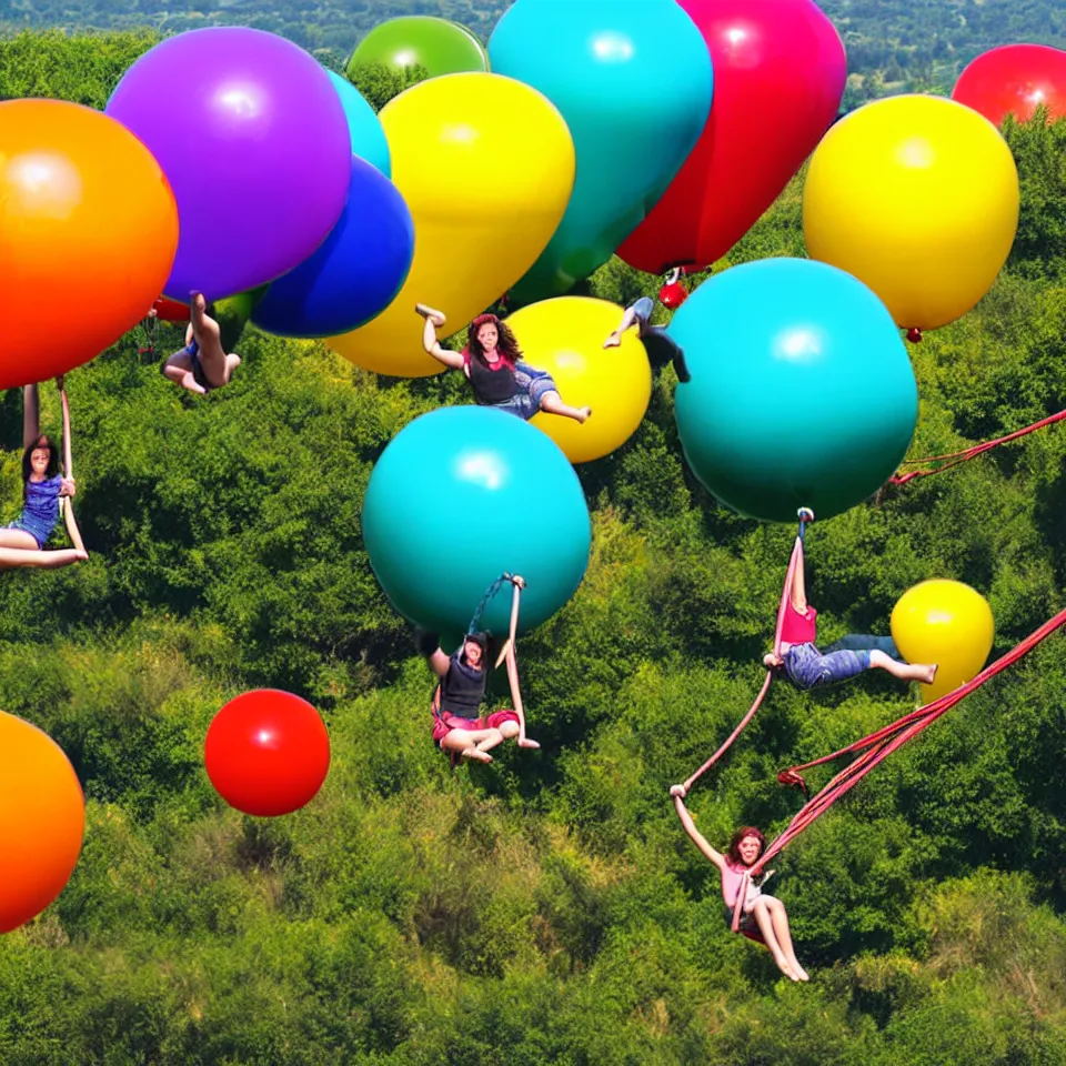 Prompt: large colorful balloons with people on rope swings underneath, flying high over the landscape, realistic, detailed