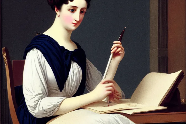 Image similar to georgian dress, directoire style, regency, empire silhouette, lady writing at her desk by vittorio reggianini, bright lighting, perfectly detailed eyes, beautiful hands, pale skin, clear face