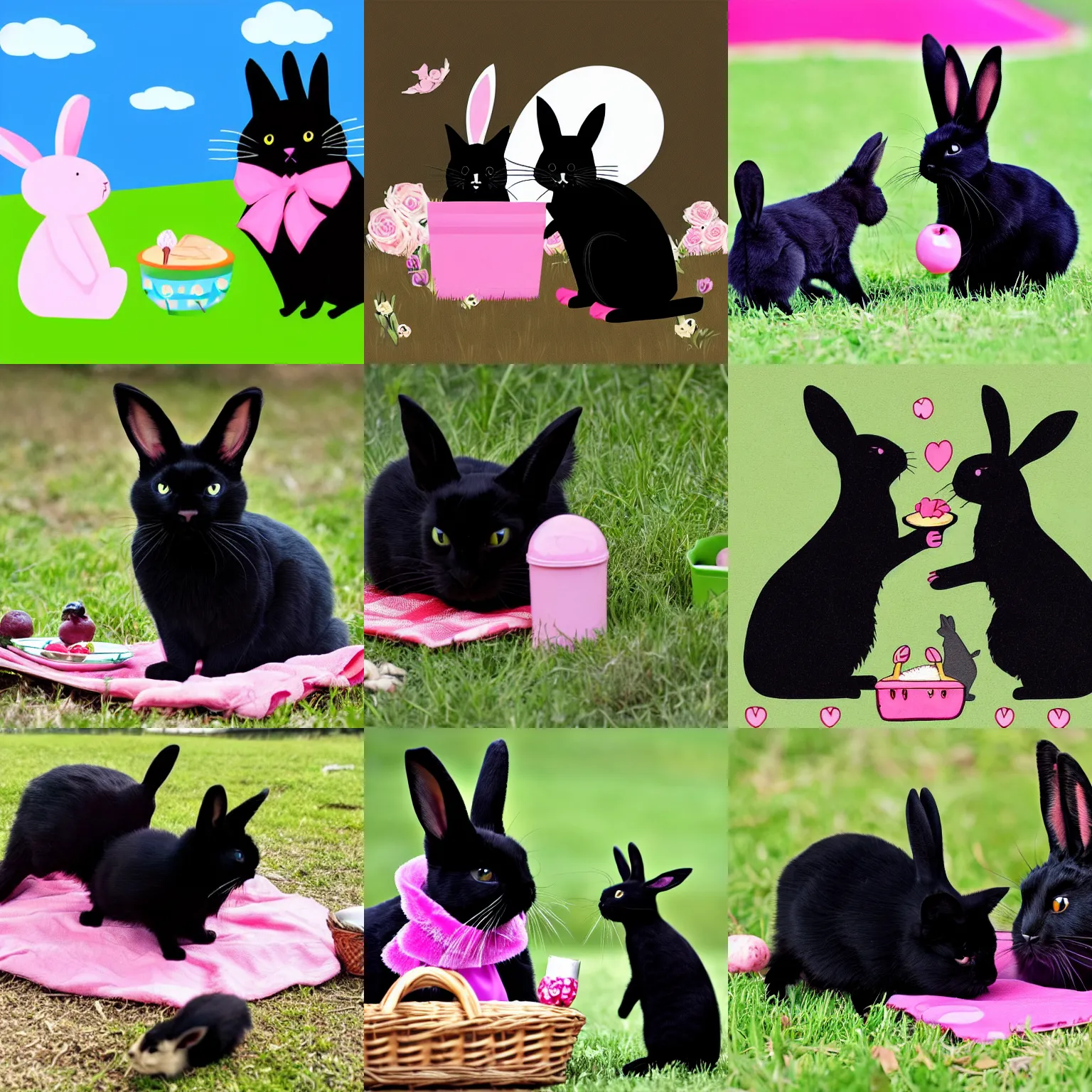 Prompt: A black cat and a rabbit having a picnic, the rabbit has pink fur.