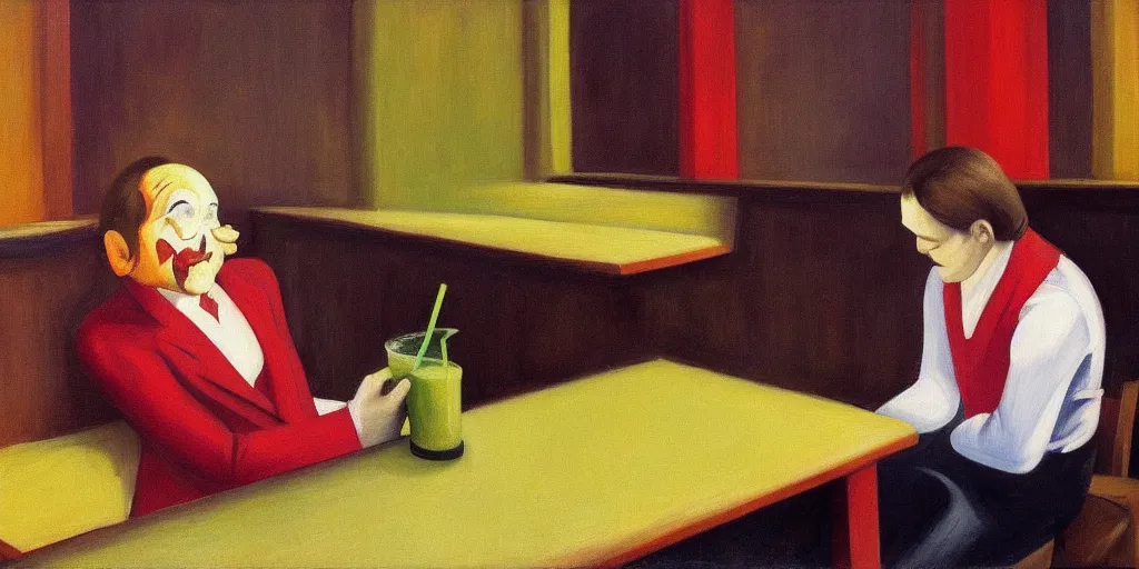 Image similar to a miserable clown, drinking a smoothie in an empty bar, oil painting by edward hopper