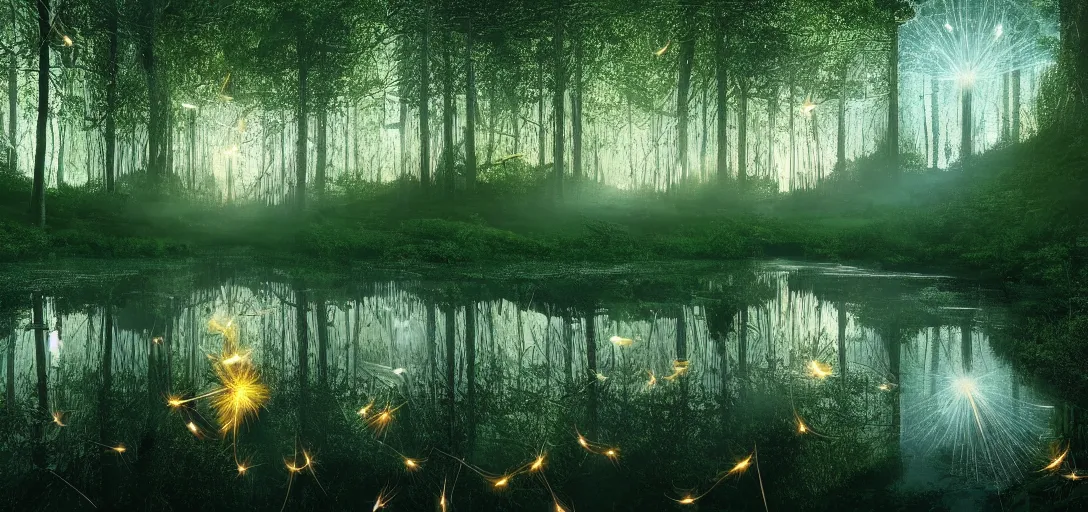 Image similar to beautiful view of a forest and a river, glowing dandelion seeds, fireflies, magical fairy dust, glowing water with caustics, mystical atmosphere, dappled light, reflections, light rays. refraction, symmetry, cinematic lighting, ultra detailed, sharp, ambient occlusion, bloom, raytracing, by dylan cole, sebastian meyer and jordan grimmer