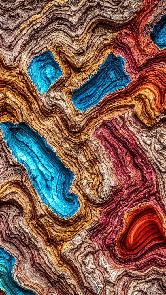 Image similar to vivid color, folded, tessellated planes of rock, alien sedimentary schematic, igneous rock, marbled veins, macro photography, 3D!!! diorama, depth of field with layers of strata, mineral grains, dramatic lighting, rock texture, sand by James jean, geology, octane render in the style of Luis García Mozos