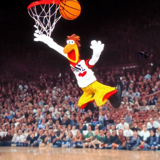 Image similar to beaker from the muppets dunking a basketball wearing air jordans