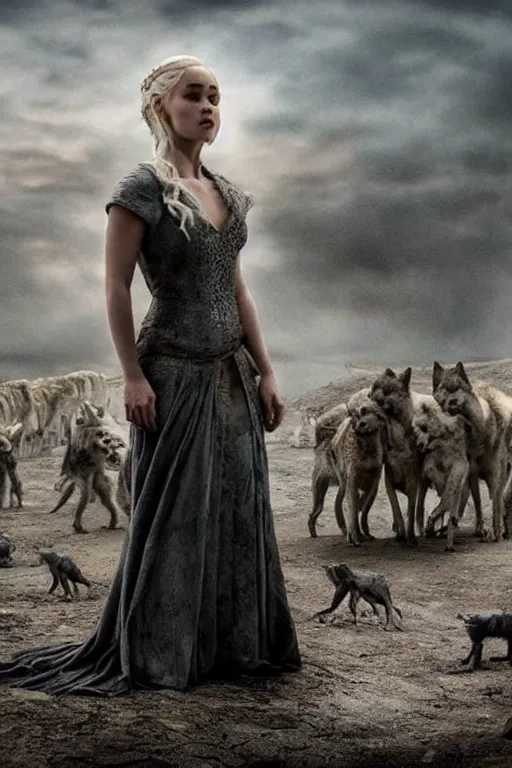 Prompt: khaleesi in an apocalyptic world surrounded by wolves