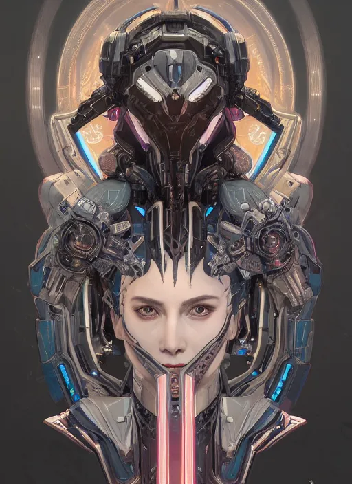 Image similar to symmetry!! portrait of cyberpunk alien empress goddess mecha in the style of horizon zero dawn, machine face, intricate, elegant, highly detailed, digital painting, artstation, concept art, smooth, sharp focus, illustration, art by artgerm and greg rutkowski and alphonse mucha, 8 k