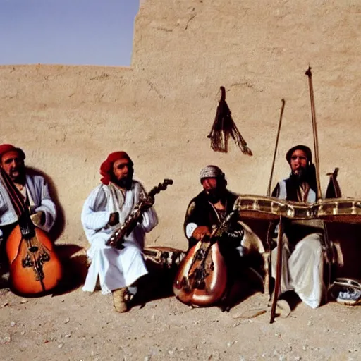 Image similar to berber musicians, smoking hashish and playing string instruments in a dusty, sunny environment, a frame from an early star wars movie