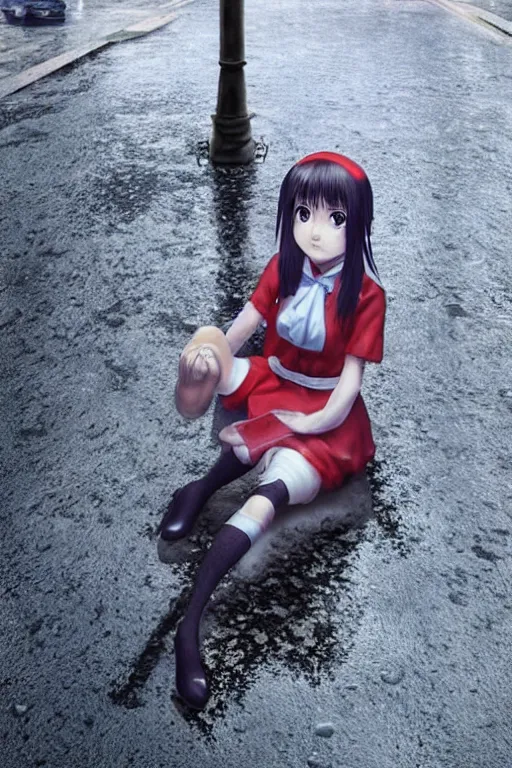 Prompt: 3d octane render portrait a stern girl in Japanese maid's clothes and long stockings sits on the wet pavement in a parking lot in the rain at night. art by hayao miyazaki and Ruan Jia and Mandy Jurgens and Artgerm and William-Adolphe Bouguerea Sakimichan, oil painting