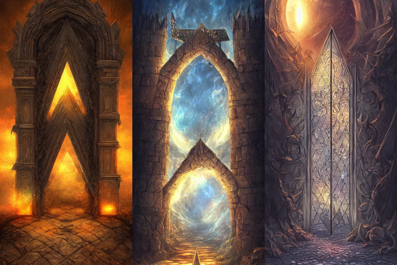 Prompt: the gate to the eternal kingdom of triangles, fantasy, digital art, hd, detailed.