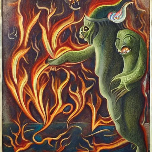 Image similar to medieval bestiary of repressed emotion monsters and creatures starting a fiery revolution in the psyche, surreal oil on canvas