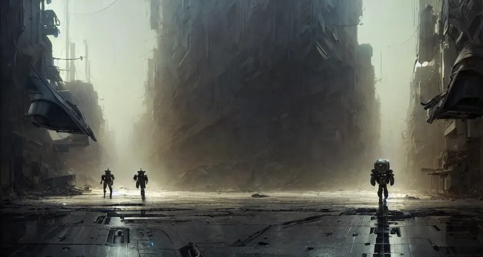 Image similar to hyper realistic sci - fi matte concept art painting of a mecha walking down a war torn street, beautiful details, strong composition painted by kim jung guweta studio rutkowski, james gurney and greg rutkowski, and lucasfilm, smooth, intricate, detailed, sharp focus, cinematic