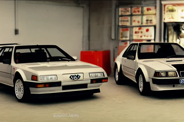 Image similar to a single 1988 Audi Quattro, BMW M1 Lincoln Continental, inside of a Tokyo garage, volumetric lighting, f8 aperture, cinematic Eastman 5384 film