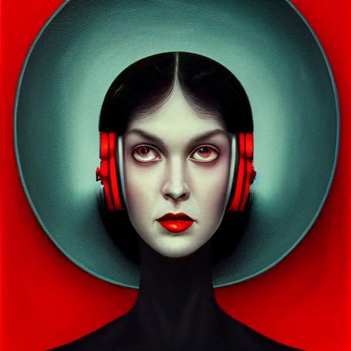 Image similar to portrait of a bald woman with red headphones, staring at you, black background, curious eyes, by Anato Finnstark, Tom Bagshaw, Brom