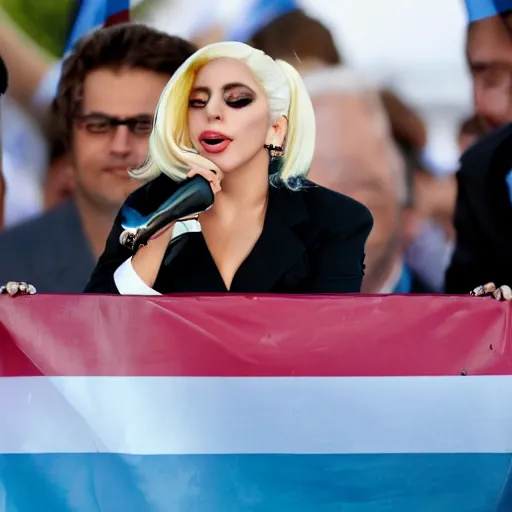 Image similar to Lady Gaga as president, Argentina presidential rally, Argentine flags behind, bokeh, giving a speech, detailed face, Argentina