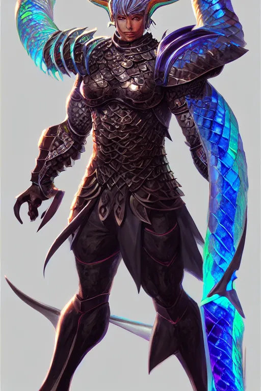 Image similar to Full body character concept art of an anime draconian warrior knight, iridescent scales, cool face, muscular, by Stanley Artgerm Lau, WLOP, Rossdraws, James Jean, Andrei Riabovitchev, Marc Simonetti, and Sakimichan, tranding on artstation