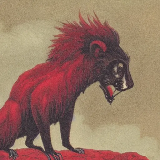 Prompt: A red and black stoat communes with a dark cloud of smoke containing a lion's skull, perceiving of the existence beyond death, and residing on the very edge of it, forges a pact with this entity.