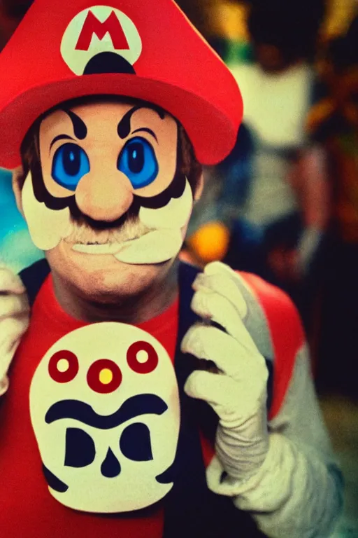 Image similar to 35mm photo of Mario from the video game Mario Bros., wearing a dia de los muertos mask light leaks, kodachrome