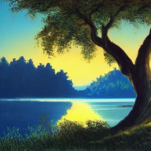 Prompt: beautiful paiting of an oak tree growing in the middle of a lake at dusk, by bob ross