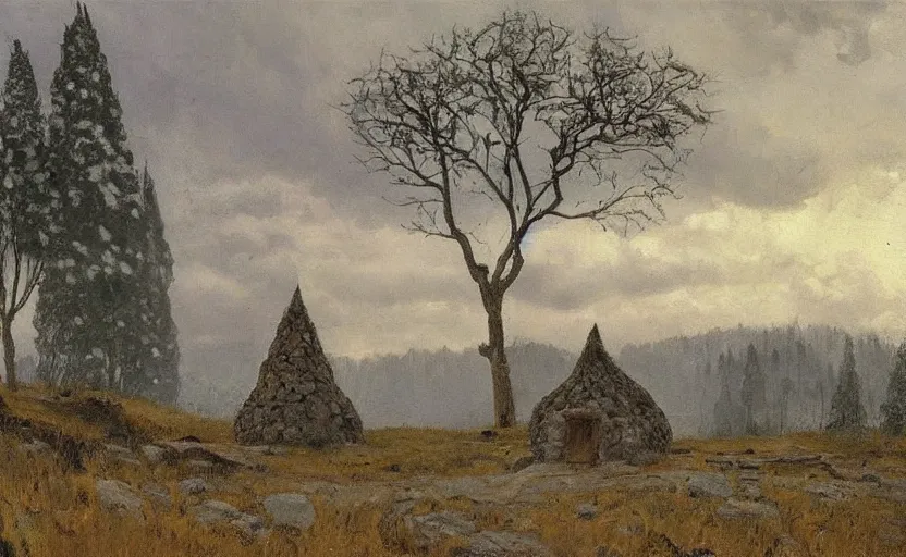 Image similar to Hagrid's hut made of stone, in landscape, early evening, mist, matte painting, dark forest on background, oil painting by Isaac Levitan and Vasily Perov