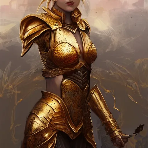 Image similar to portrait knights of Zodiac girl, golden and copper armor, in ruined Agora of Athens, ssci-fi, fantasy, intricate, very very beautiful, elegant, highly detailed, digital painting, artstation, concept art, smooth, sharp focus, illustration, art by tian zi and WLOP and artgerm