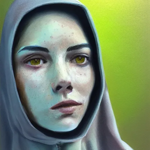 Image similar to woman with freckles, 1 8 0 pounds, short brown hair, green eyes, wearing a grey hooded sweatshirt, trending on artstation, oil painting, volumetric light