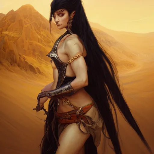 Prompt: portrait of a berber tiefling woman with long straight horns and black hair in a desert, strong, fierce, elegant, fantasy, highly detailed, digital painting, artstation, concept art, character art, art by greg rutkowski and tyler jacobson and alphonse mucha