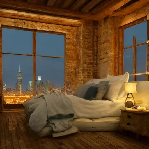 Image similar to cozy rustic bedroom with a night view of new york in heavy mist, highly detailed, artstation, concept art